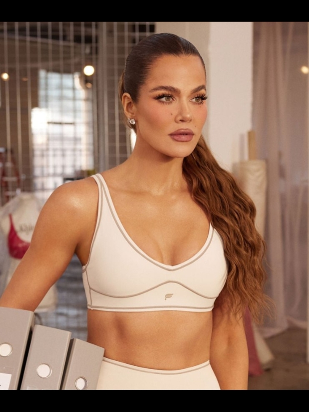 Fabletics X Khloe Collab Cream PureLuxe Longline Low Impact Bra